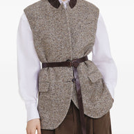 Brunello Cucinelli Wool And Leather Buttoned Vest Beige