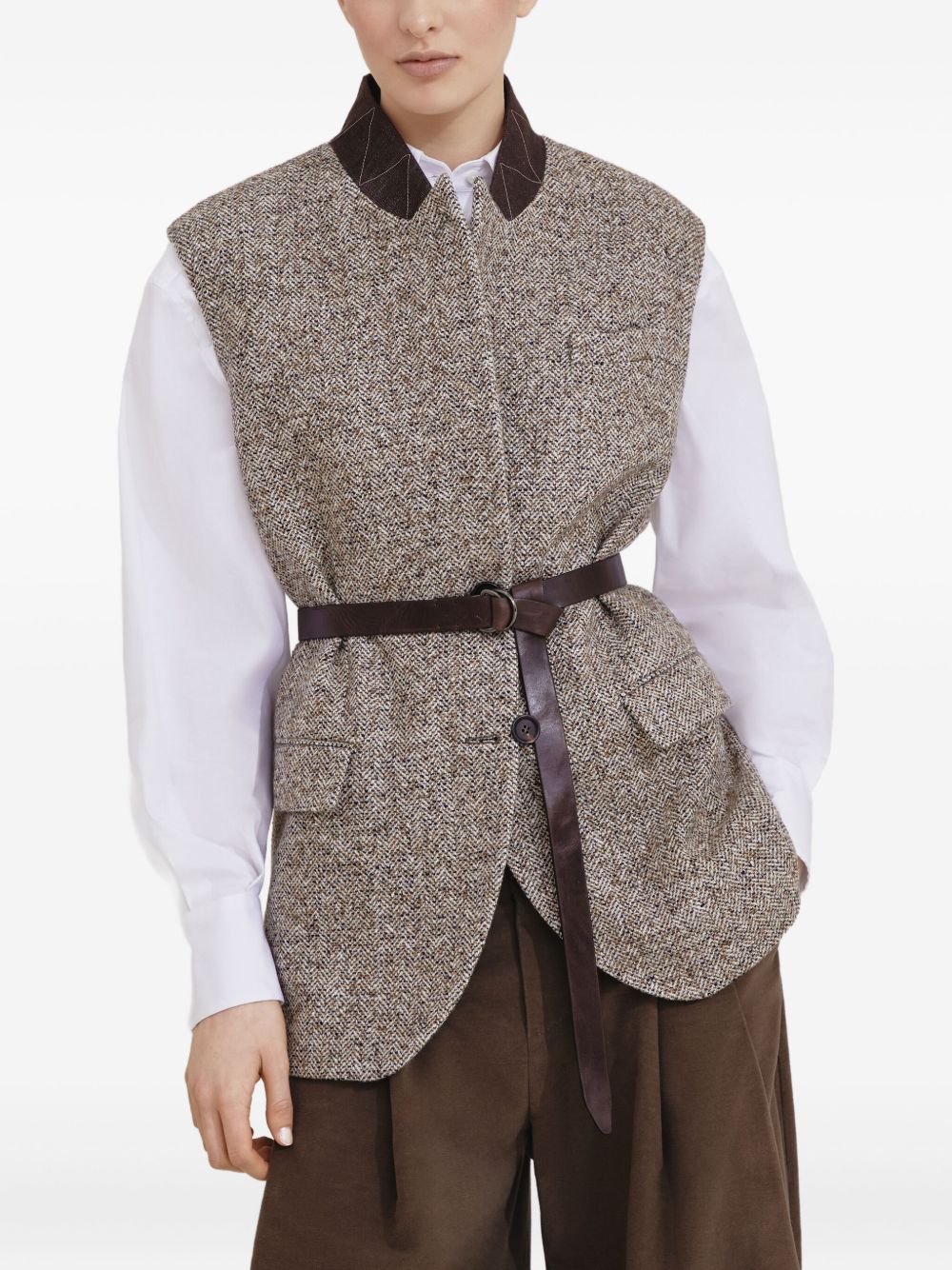 Brunello Cucinelli Wool And Leather Buttoned Vest Beige
