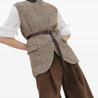 Brunello Cucinelli Wool And Leather Buttoned Vest Beige