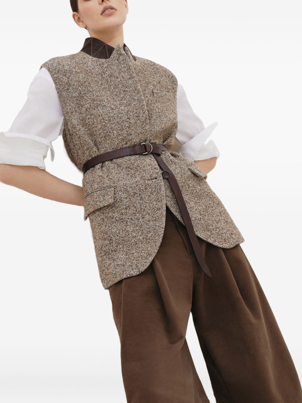 Brunello Cucinelli Wool And Leather Buttoned Vest Beige