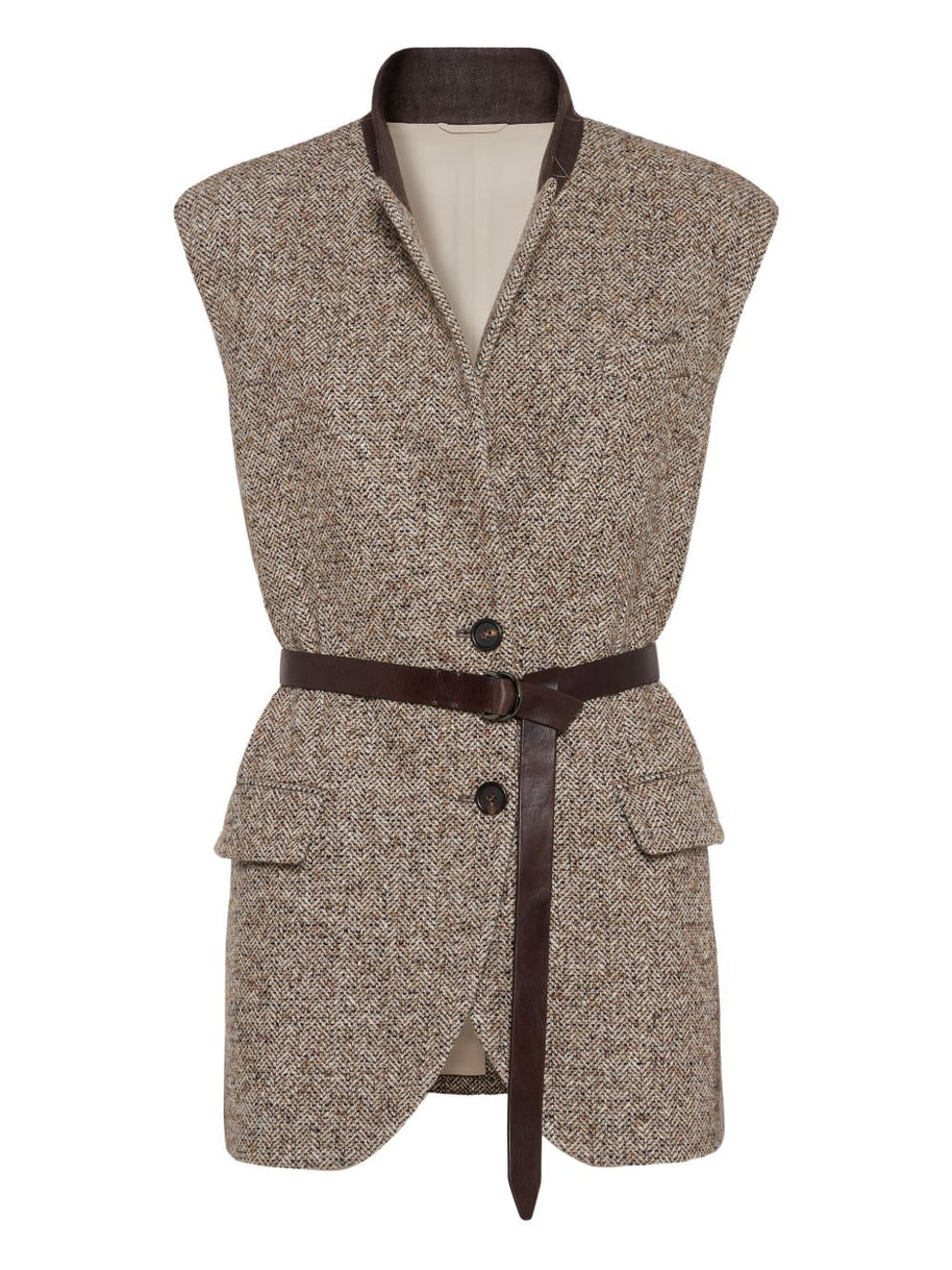 Brunello Cucinelli Wool And Leather Buttoned Vest Beige