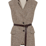 Brunello Cucinelli Wool And Leather Buttoned Vest Beige