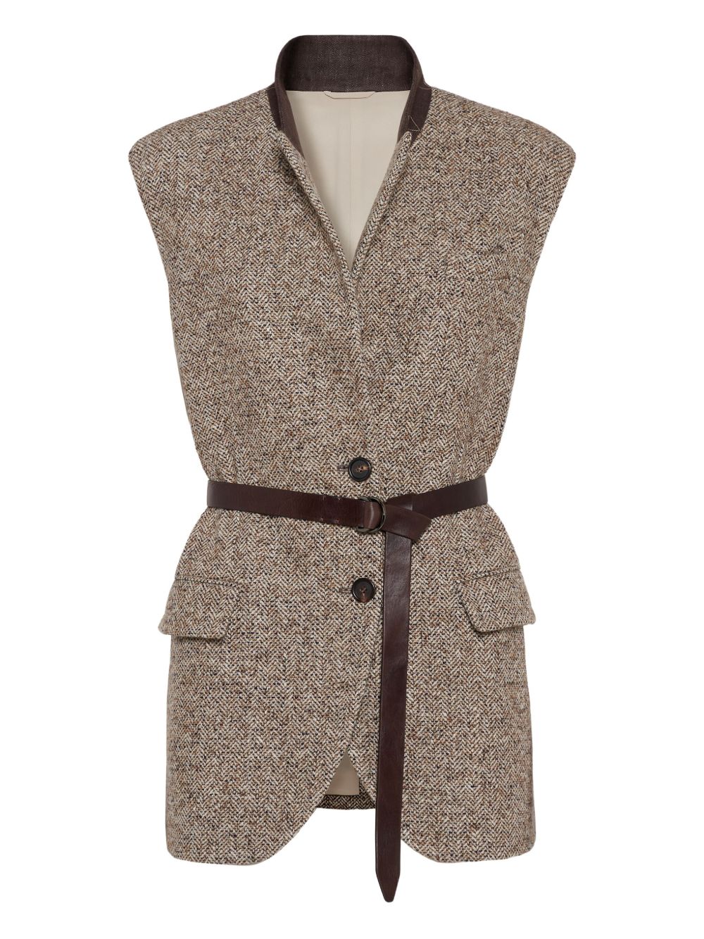 Brunello Cucinelli Wool And Leather Buttoned Vest Beige