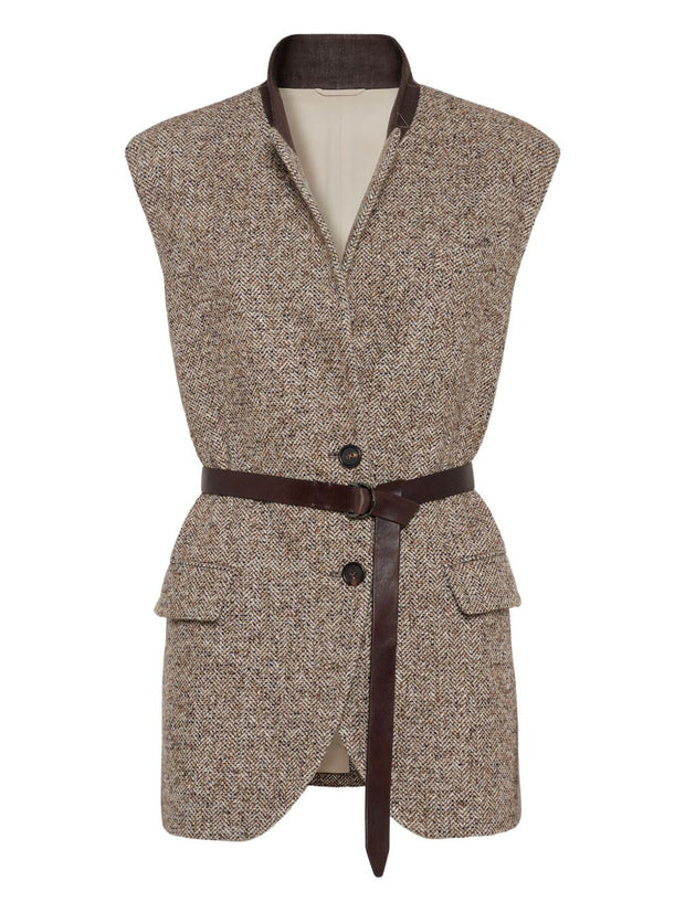 Brunello Cucinelli Wool And Leather Buttoned Vest Beige