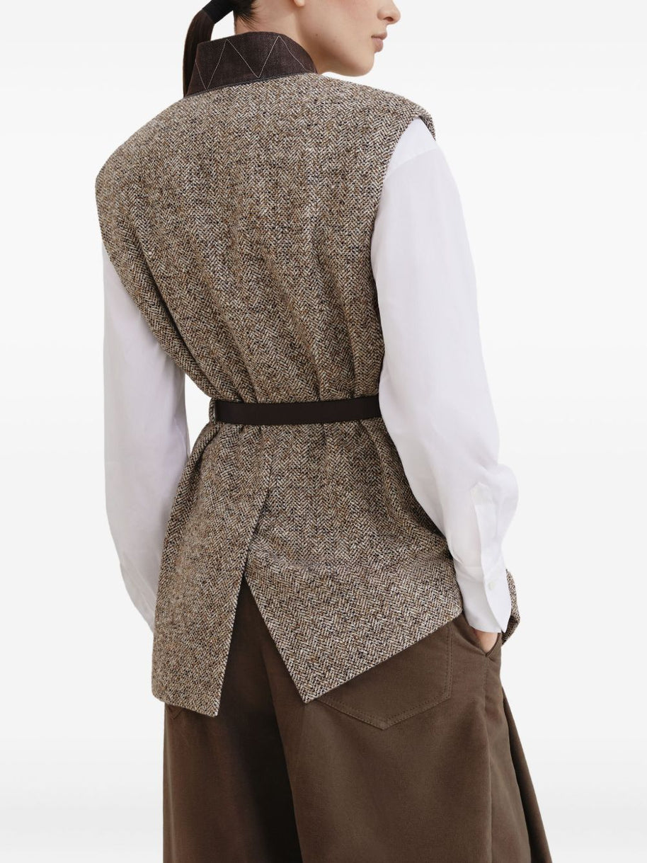 Brunello Cucinelli Wool And Leather Buttoned Vest Beige