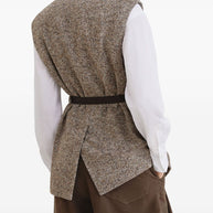 Brunello Cucinelli Wool And Leather Buttoned Vest Beige