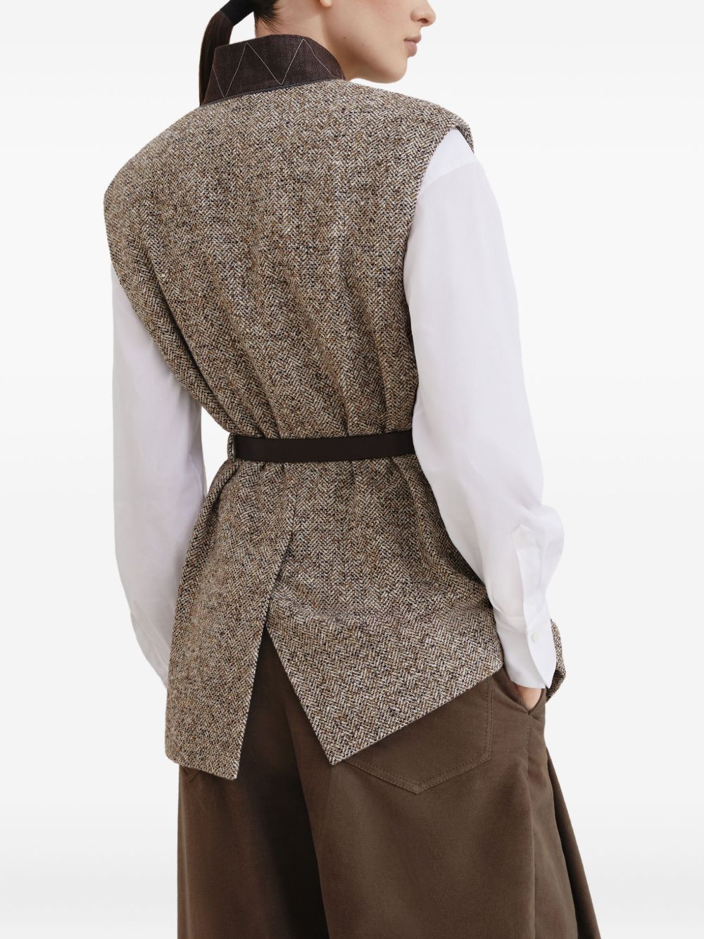 Brunello Cucinelli Wool And Leather Buttoned Vest Beige