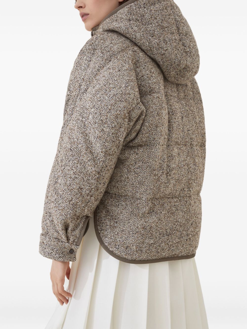 Brunello Cucinelli Buttoned Chevron Down Jacket In Virgin Wool And Silk With Hood