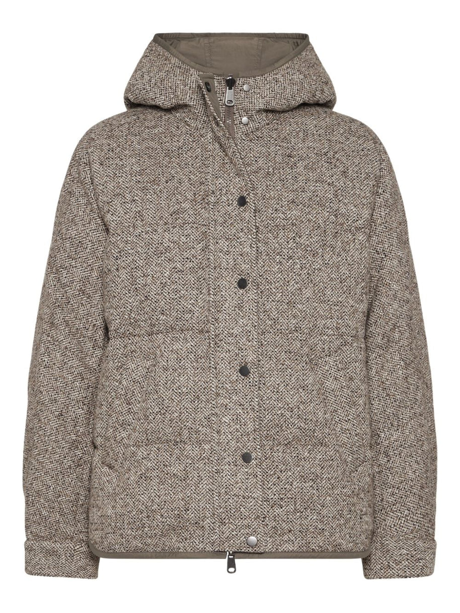 Brunello Cucinelli Buttoned Chevron Down Jacket In Virgin Wool And Silk With Hood