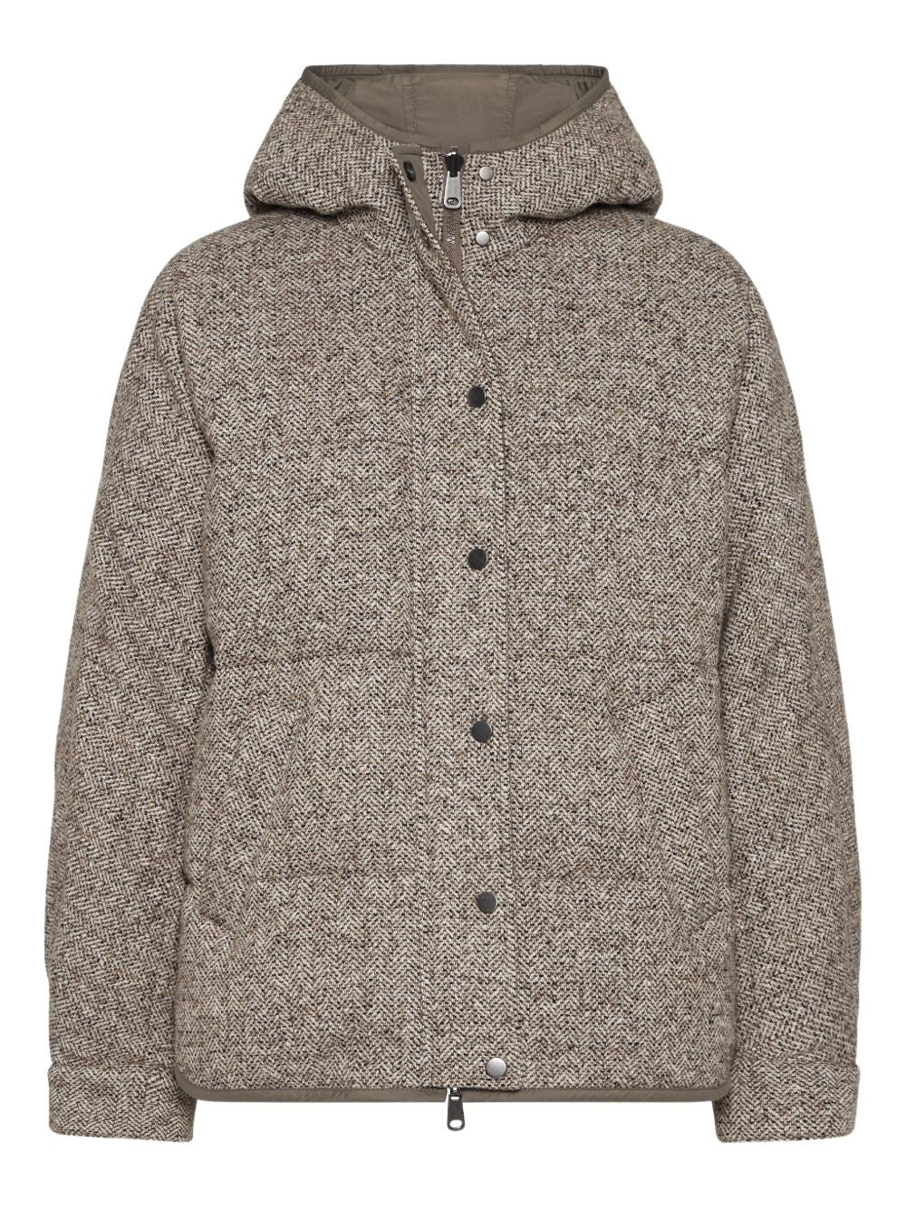 Brunello Cucinelli Buttoned Chevron Down Jacket In Virgin Wool And Silk With Hood
