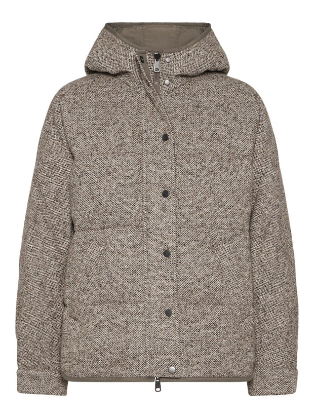 Brunello Cucinelli Buttoned Chevron Down Jacket In Virgin Wool And Silk With Hood