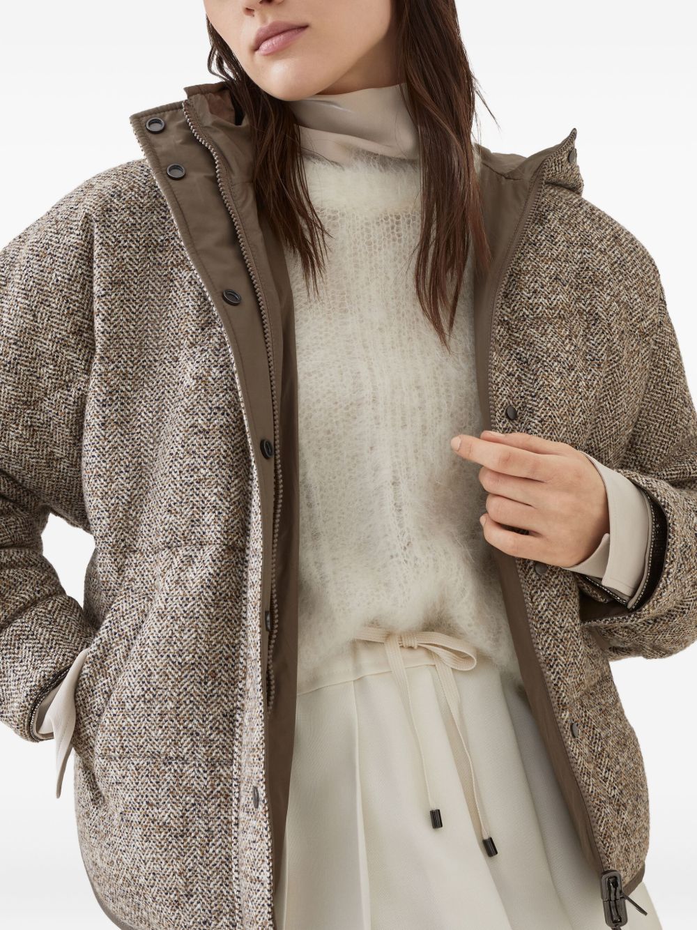Brunello Cucinelli Buttoned Chevron Down Jacket In Virgin Wool And Silk With Hood
