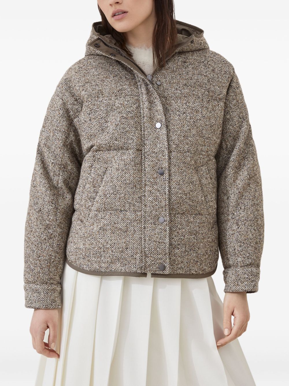 Brunello Cucinelli Buttoned Chevron Down Jacket In Virgin Wool And Silk With Hood