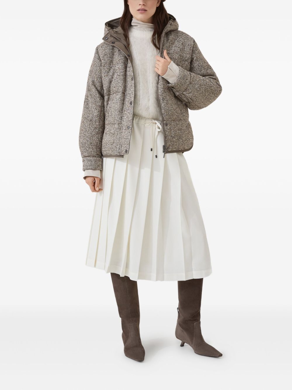 Brunello Cucinelli Buttoned Chevron Down Jacket In Virgin Wool And Silk With Hood