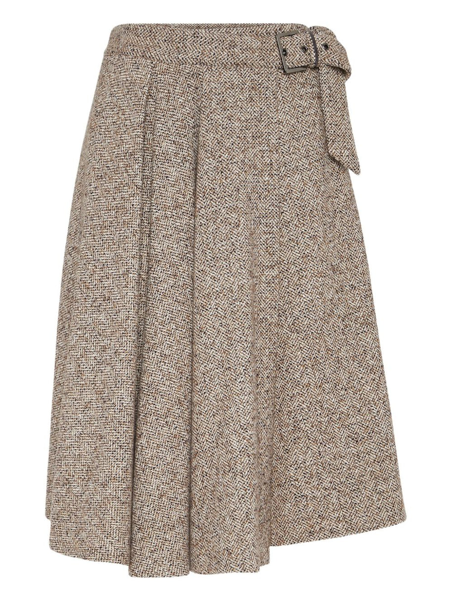 Brunello Cucinelli Flecked Virgin Wool And Silk Chevron Kilt Skirt With Monili