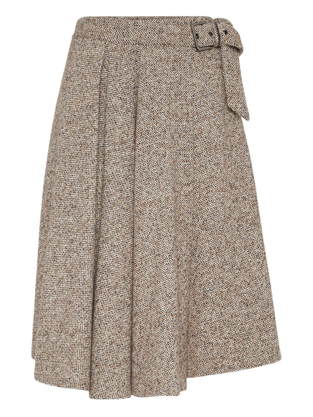 Brunello Cucinelli Flecked Virgin Wool And Silk Chevron Kilt Skirt With Monili
