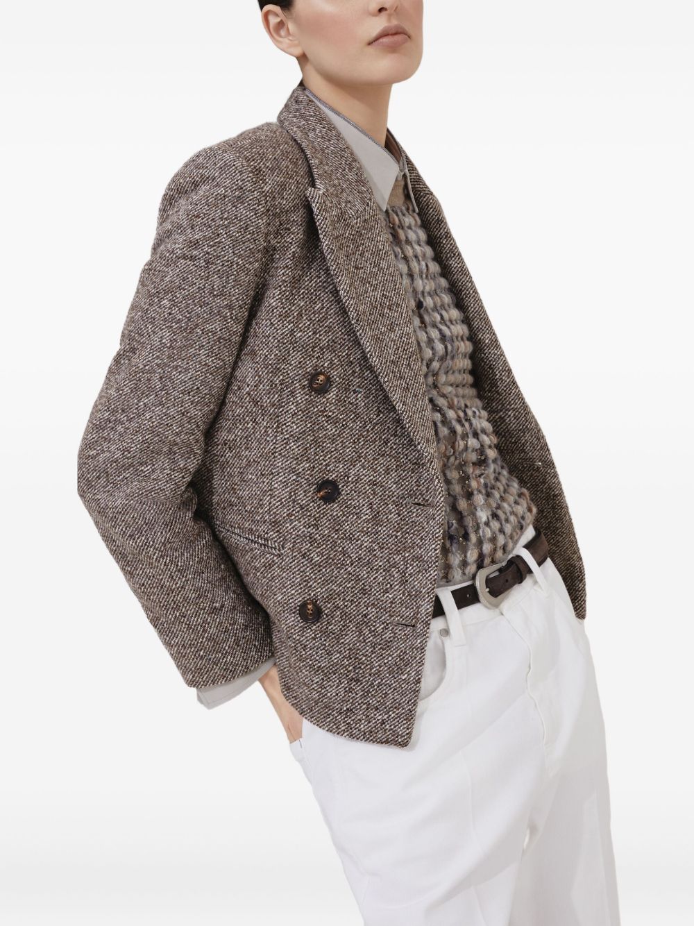 Brunello Cucinelli Virgin Wool And Silk Mélange Diagonal Blazer With Monili