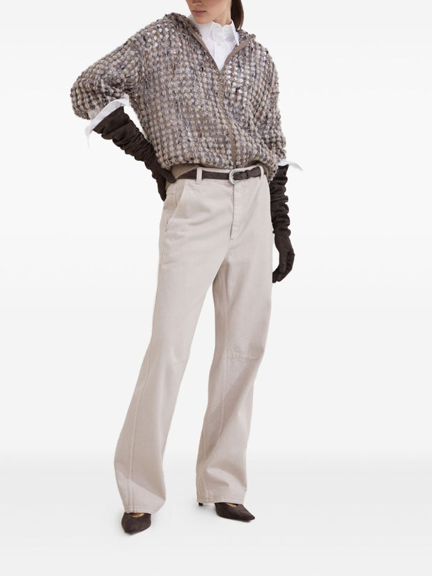 Brunello Cucinelli Open Knit Hooded Wool Sweater Beige