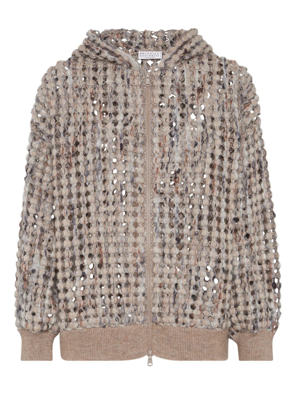 Brunello Cucinelli Open Knit Hooded Wool Sweater Beige