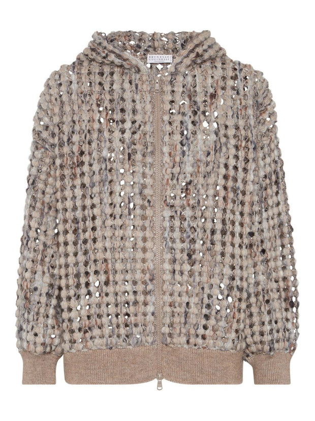 Brunello Cucinelli Open Knit Hooded Wool Sweater Beige