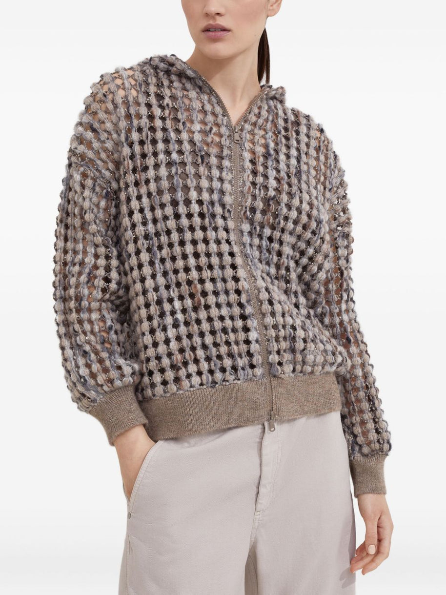 Brunello Cucinelli Open Knit Hooded Wool Sweater Beige