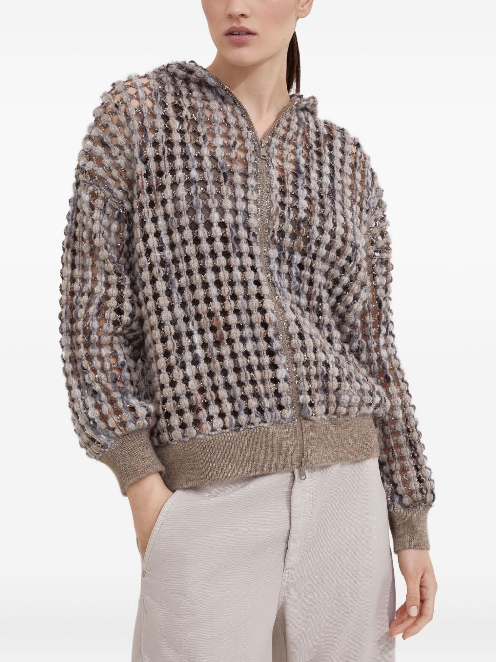 Brunello Cucinelli Open Knit Hooded Wool Sweater Beige