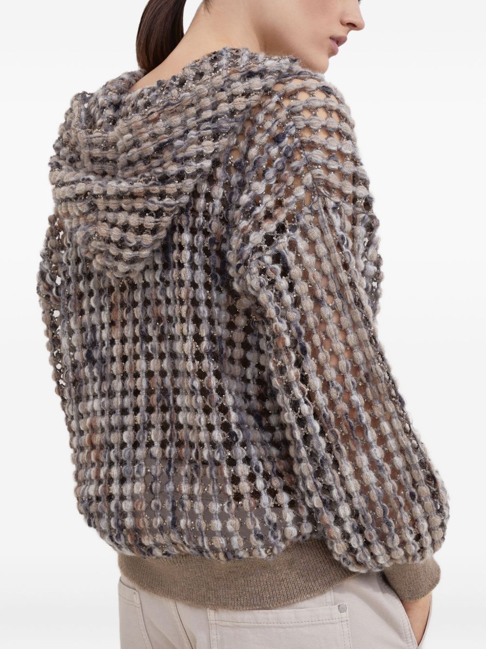 Brunello Cucinelli Open Knit Hooded Wool Sweater Beige