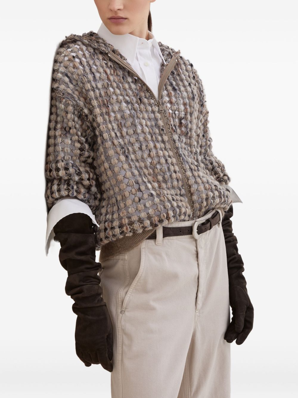 Brunello Cucinelli Open Knit Hooded Wool Sweater Beige