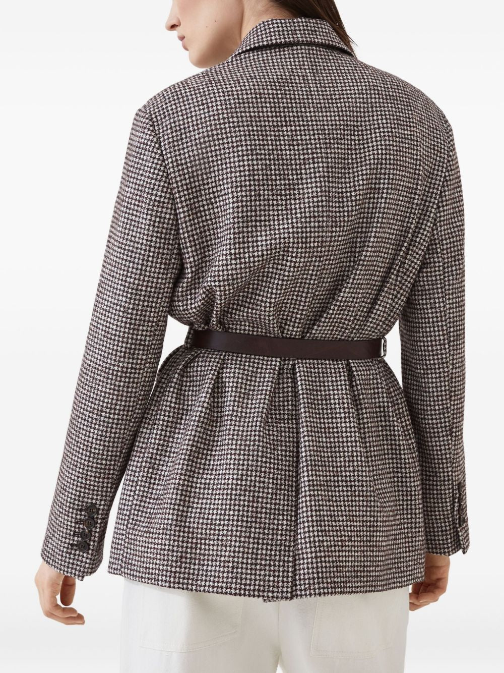Brunello Cucinelli Wool And Alpaca Houndstooth Jacket With Leather And Monili Belt