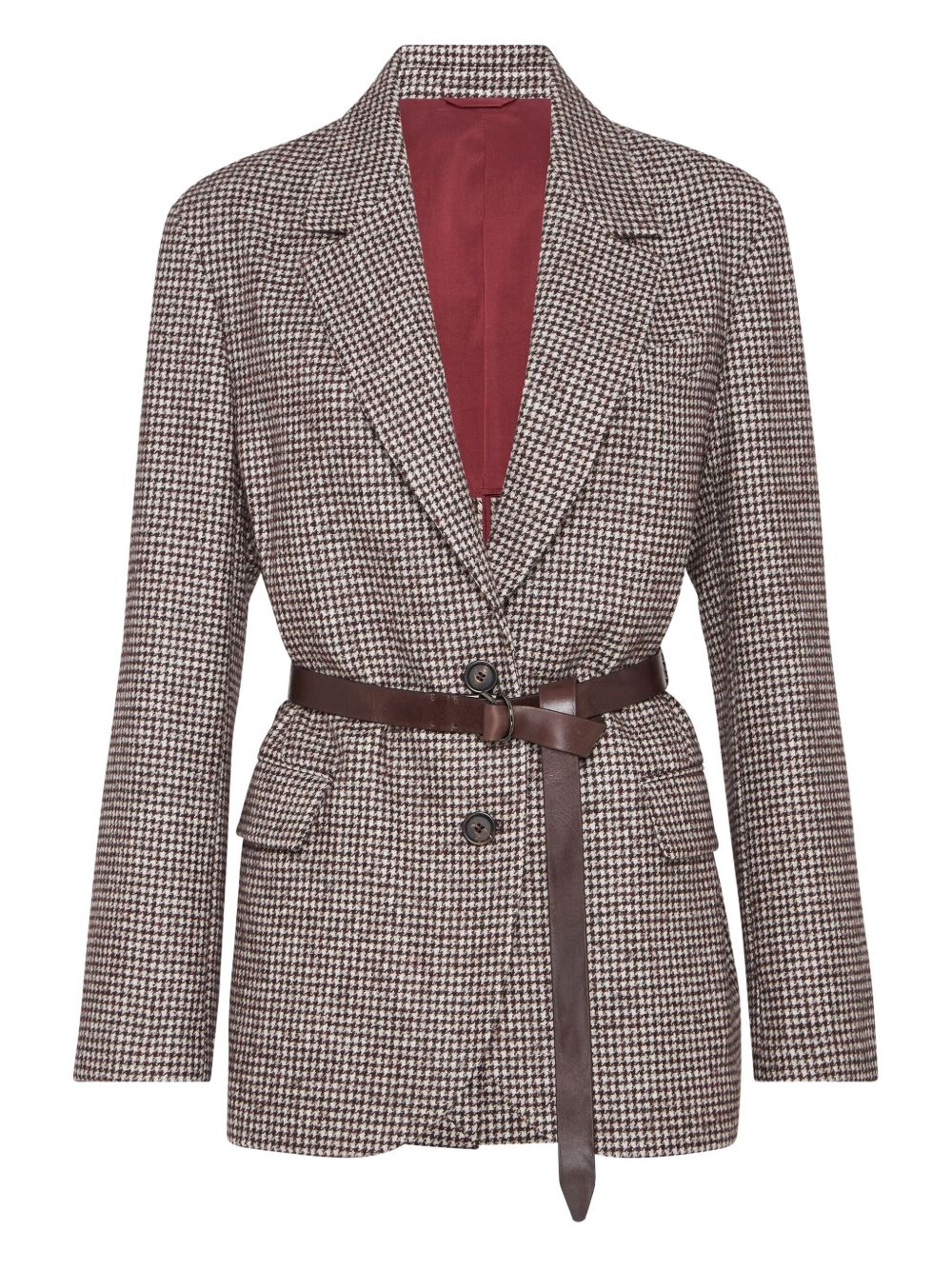 Brunello Cucinelli Wool And Alpaca Houndstooth Jacket With Leather And Monili Belt