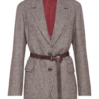 Brunello Cucinelli Wool And Alpaca Houndstooth Jacket With Leather And Monili Belt