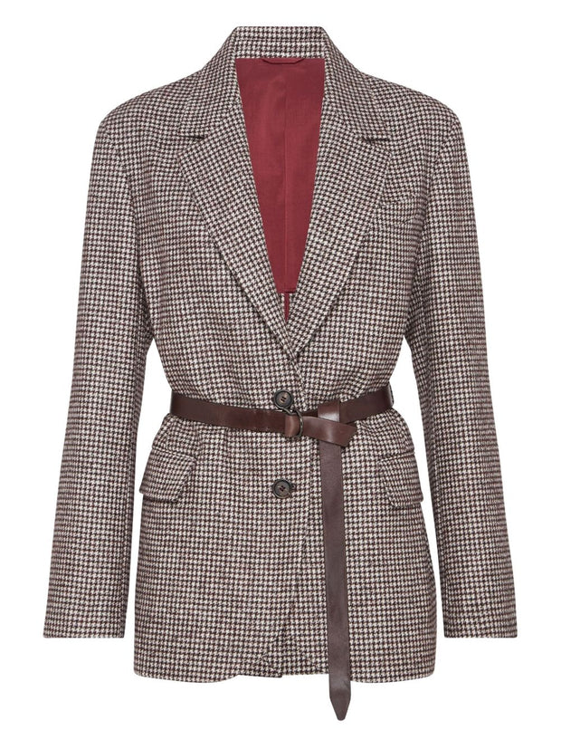 Brunello Cucinelli Wool And Alpaca Houndstooth Jacket With Leather And Monili Belt