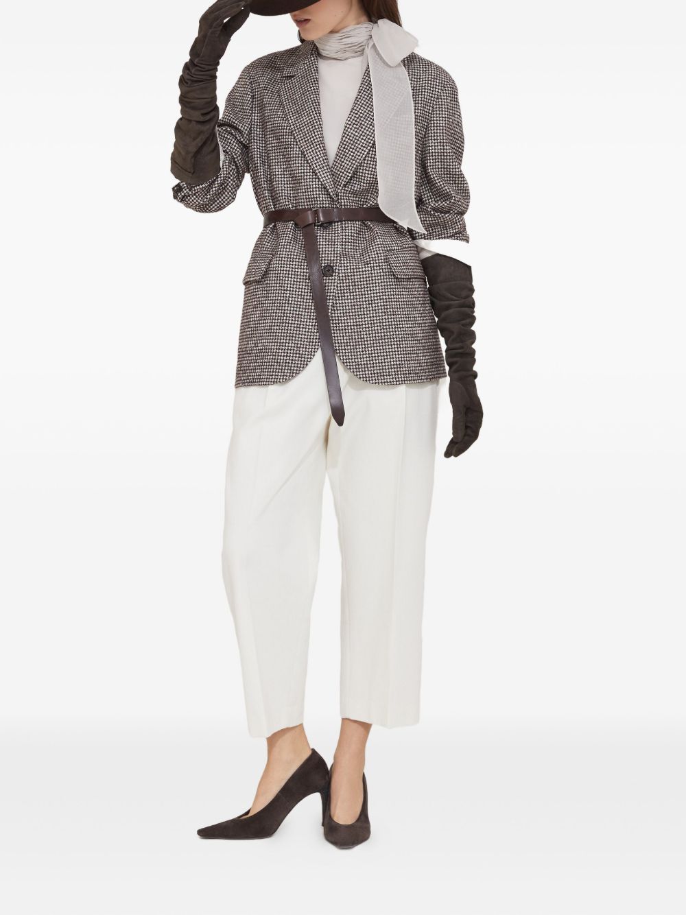 Brunello Cucinelli Wool And Alpaca Houndstooth Jacket With Leather And Monili Belt