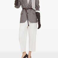 Brunello Cucinelli Wool And Alpaca Houndstooth Jacket With Leather And Monili Belt