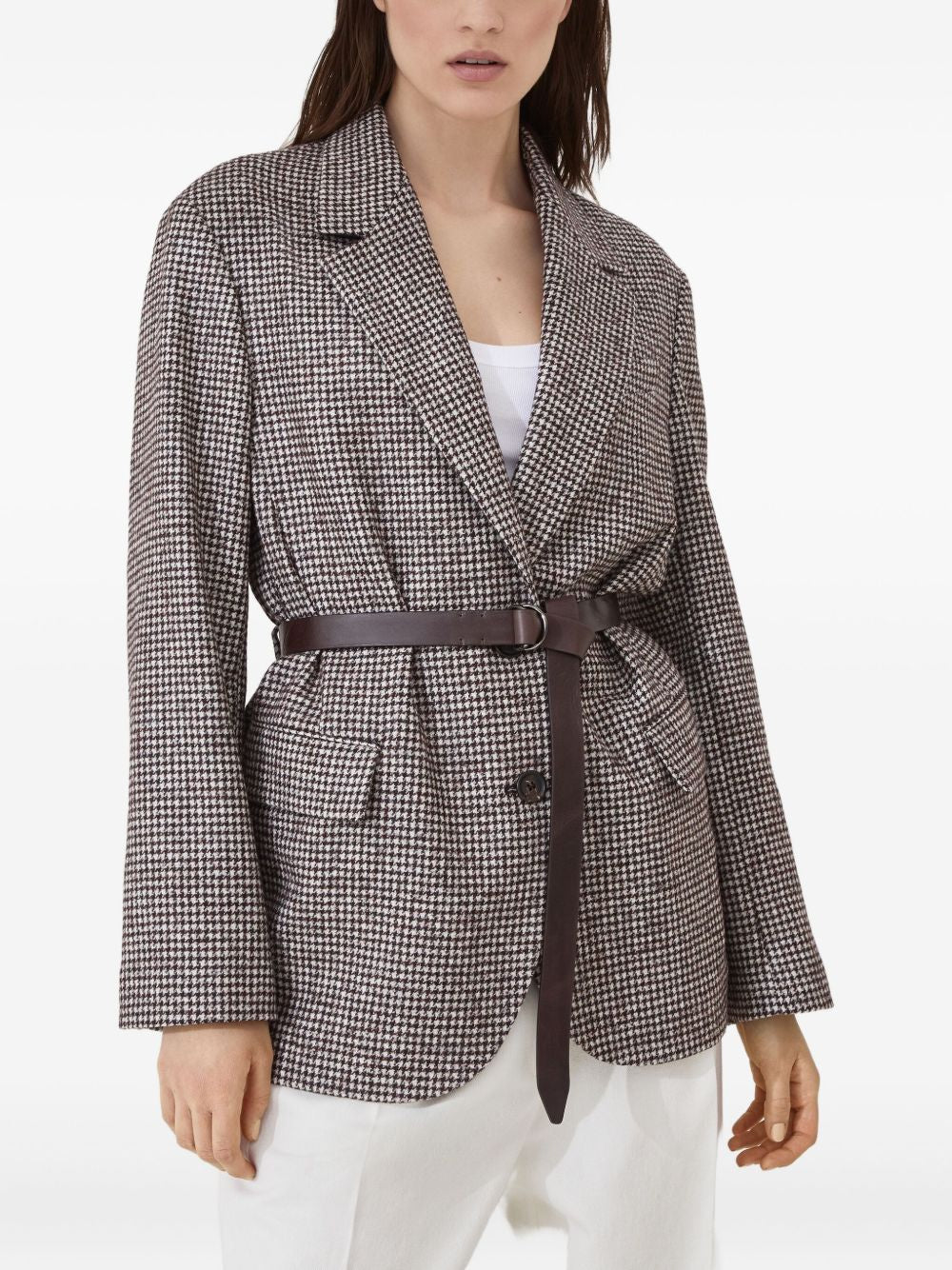 Brunello Cucinelli Wool And Alpaca Houndstooth Jacket With Leather And Monili Belt