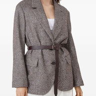 Brunello Cucinelli Wool And Alpaca Houndstooth Jacket With Leather And Monili Belt