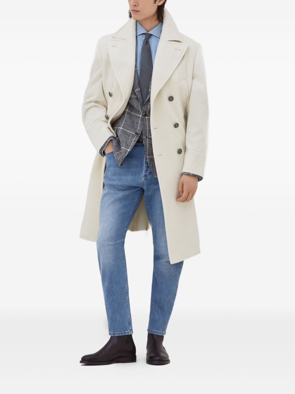 Brunello Cucinelli One-and-a-half-breasted Coat In Wide Cashmere Corduroy With Patch Pockets And Metal Buttons