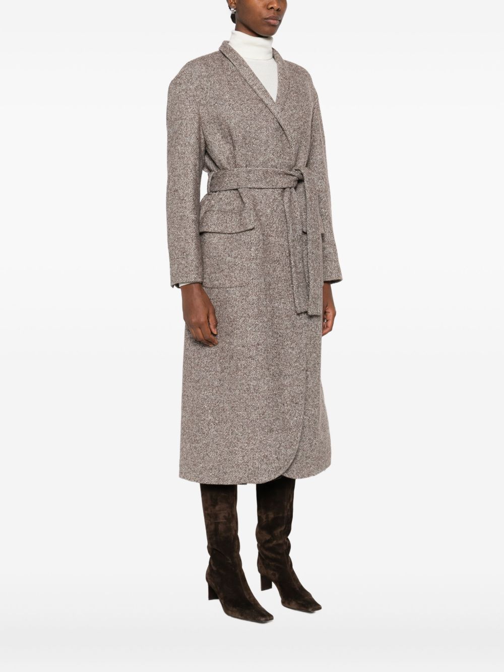 Brunello Cucinelli Coat In Diagonal Melange Virgin Wool And Silk With Belt And Monili