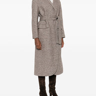 Brunello Cucinelli Coat In Diagonal Melange Virgin Wool And Silk With Belt And Monili