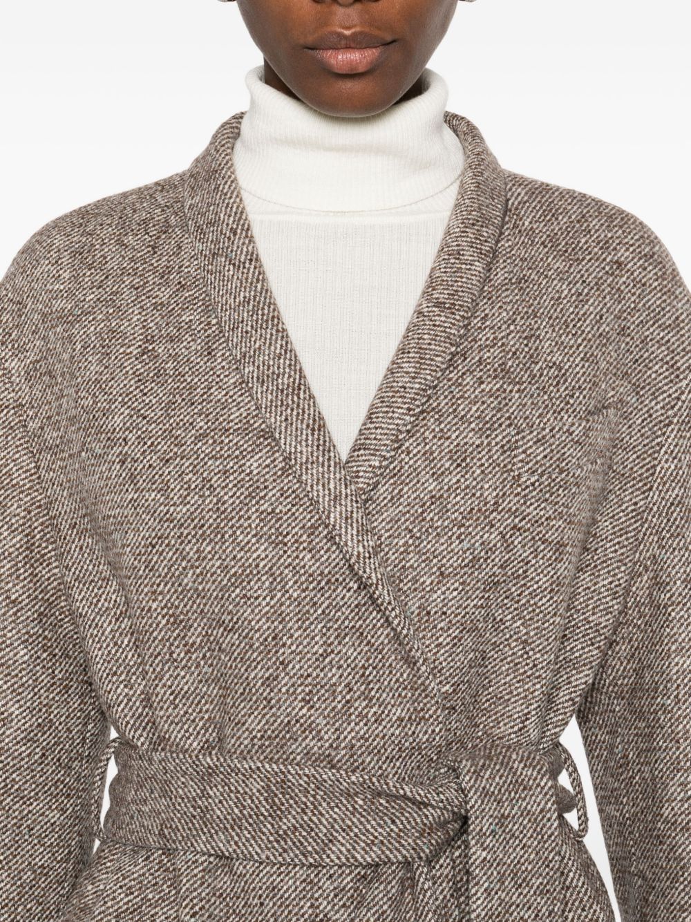 Brunello Cucinelli Coat In Diagonal Melange Virgin Wool And Silk With Belt And Monili