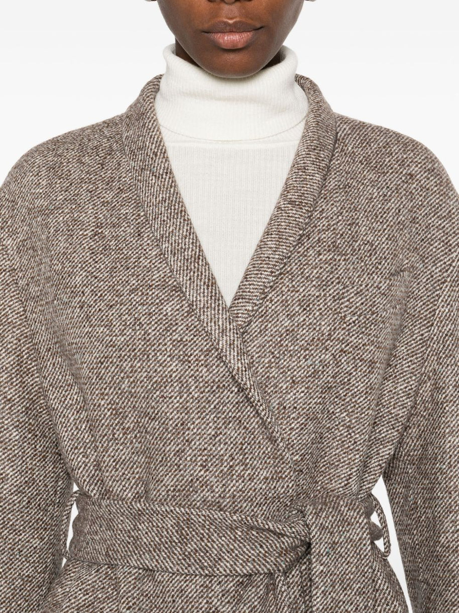 Brunello Cucinelli Coat In Diagonal Melange Virgin Wool And Silk With Belt And Monili
