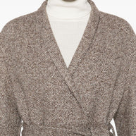 Brunello Cucinelli Coat In Diagonal Melange Virgin Wool And Silk With Belt And Monili