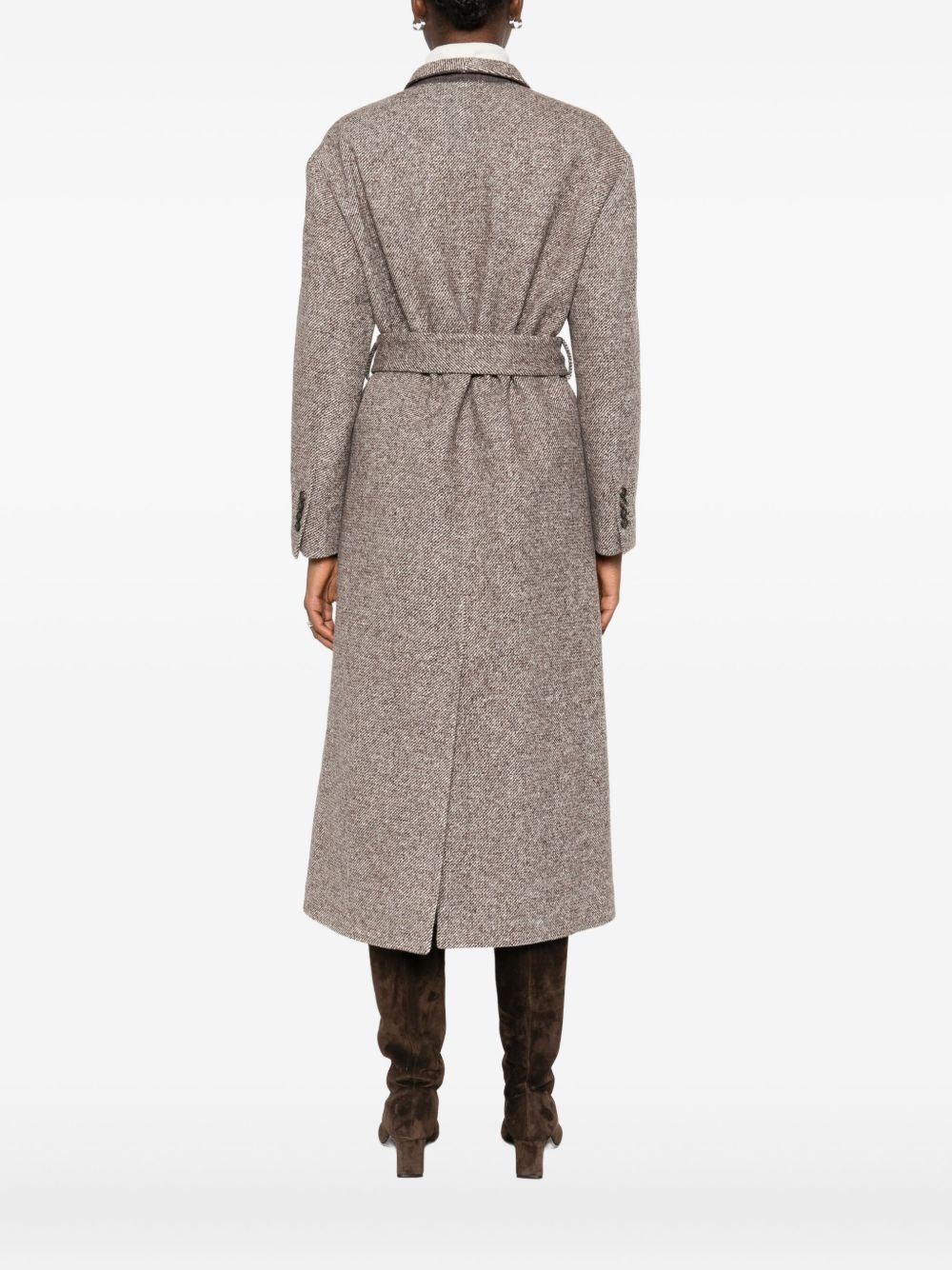 Brunello Cucinelli Coat In Diagonal Melange Virgin Wool And Silk With Belt And Monili