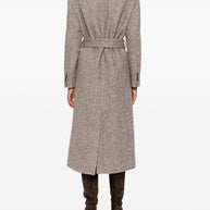 Brunello Cucinelli Coat In Diagonal Melange Virgin Wool And Silk With Belt And Monili