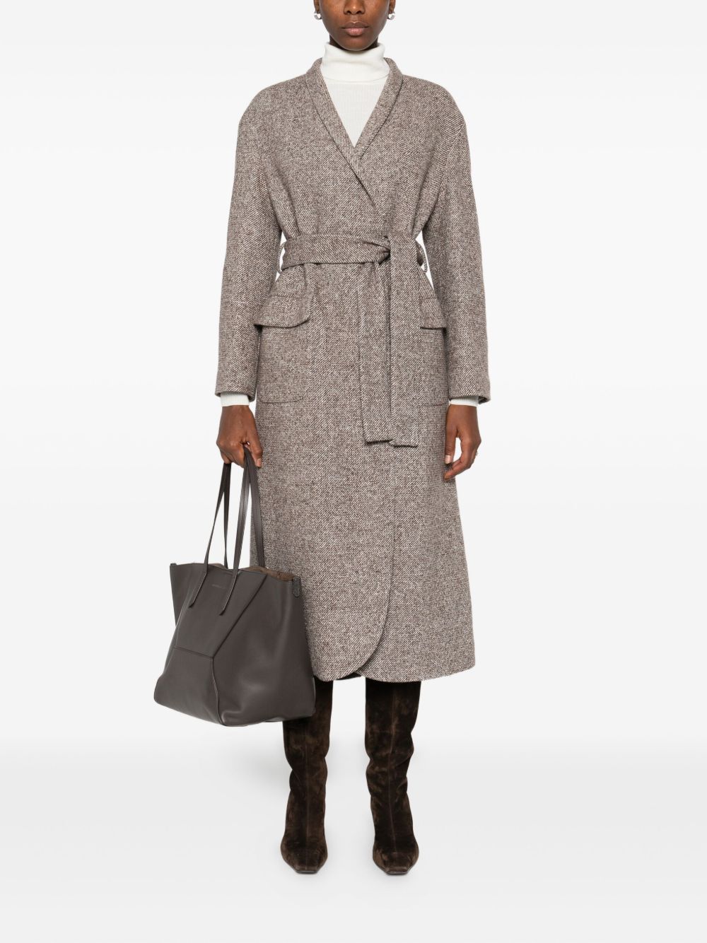 Brunello Cucinelli Coat In Diagonal Melange Virgin Wool And Silk With Belt And Monili