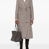 Brunello Cucinelli Coat In Diagonal Melange Virgin Wool And Silk With Belt And Monili