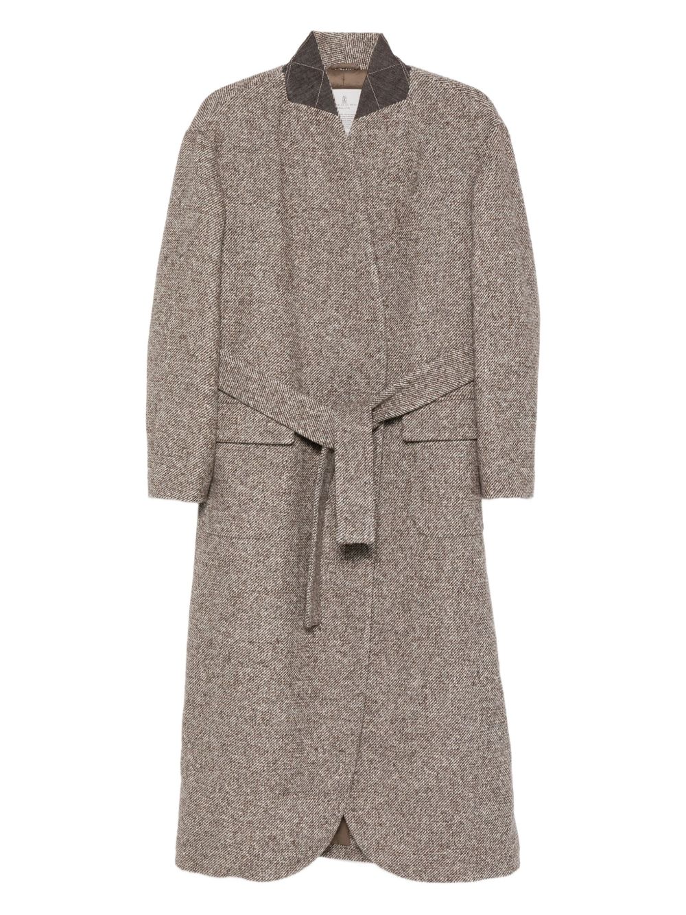 Brunello Cucinelli Coat In Diagonal Melange Virgin Wool And Silk With Belt And Monili