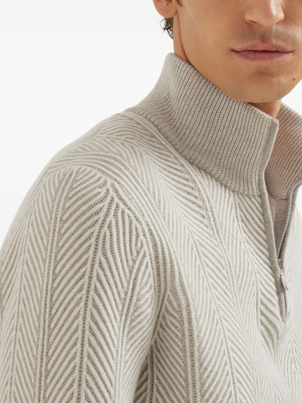 Brunello Cucinelli Herringbone Twill Zip-neck Sweater