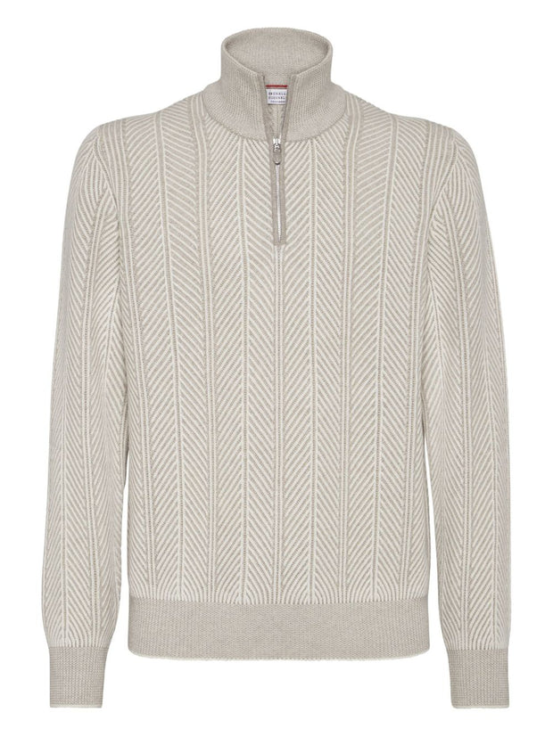 Brunello Cucinelli Herringbone Twill Zip-neck Sweater