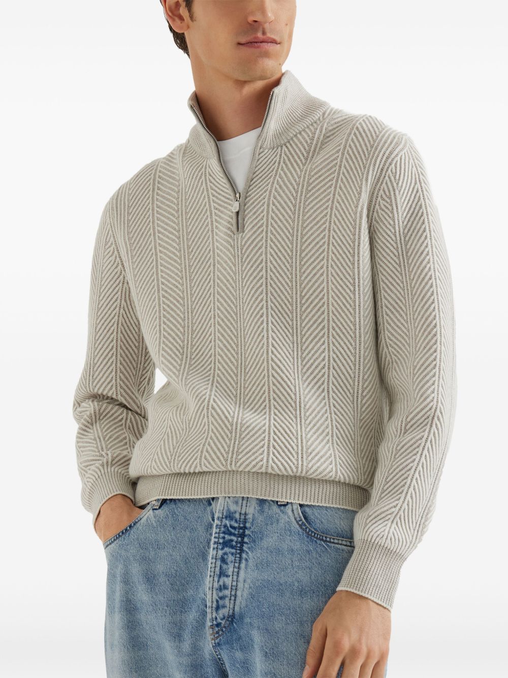 Brunello Cucinelli Herringbone Twill Zip-neck Sweater